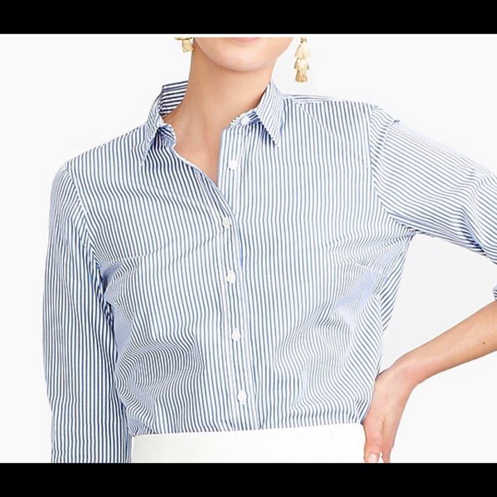 Pinstriped blue and white button up JCrew blouse